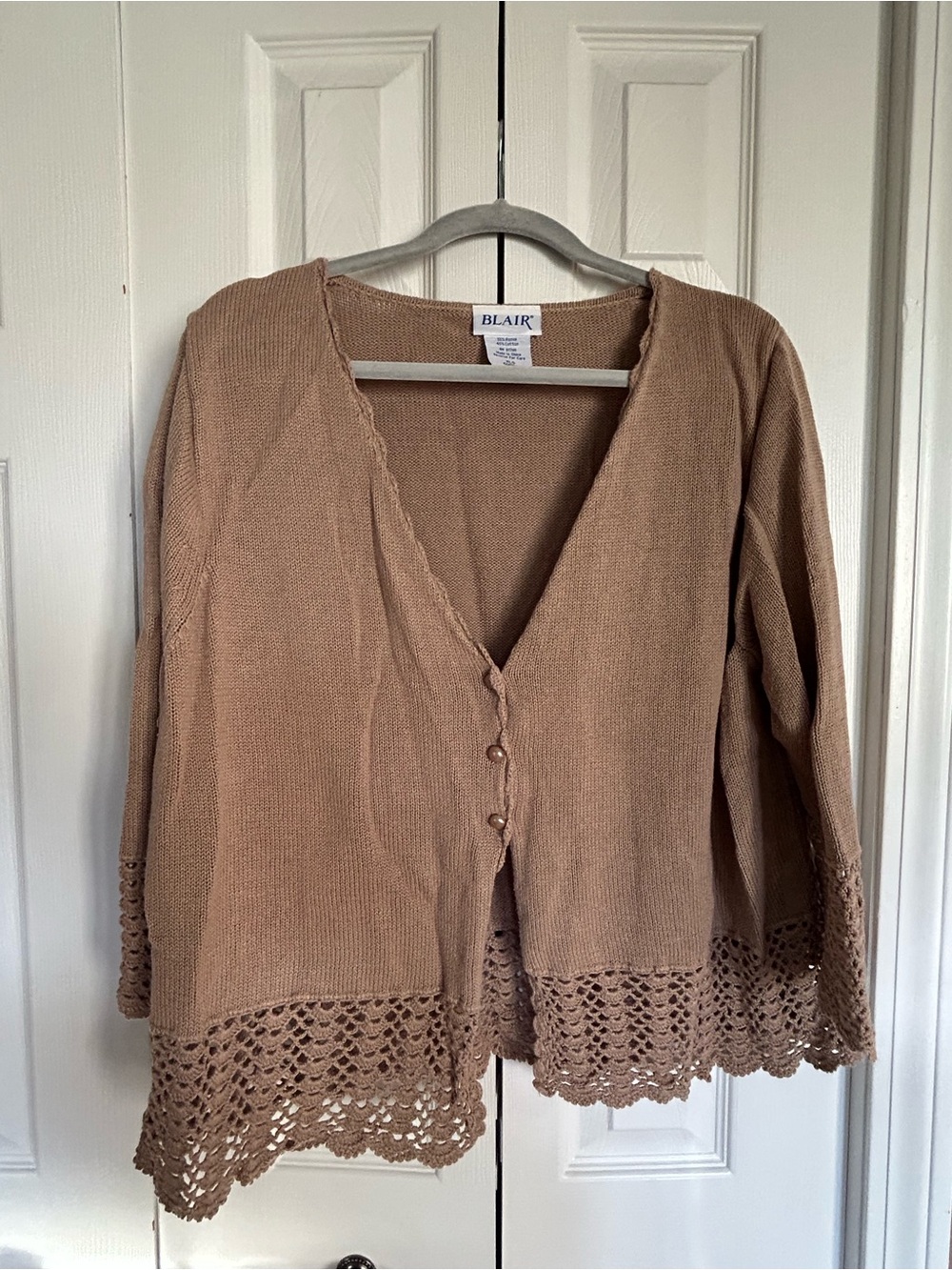 Blair Crochet-Hem Lightweight Cardigan in Taupe